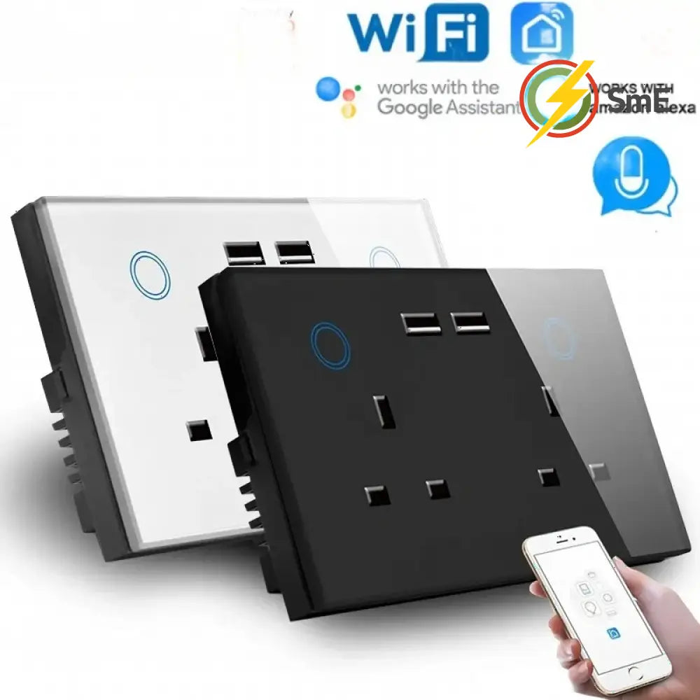 WiFi Wall Socket&USB Charger Universal Plug&UK Standard Works with Tuya Smart Home Socket Crystal Glass Panel Work With
