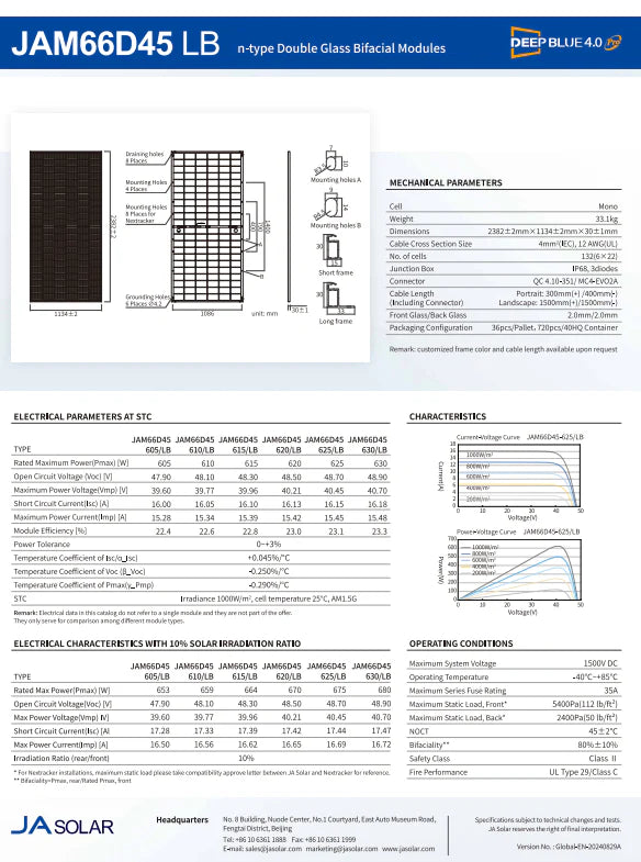 JA 620W Tier 1 Bifacial Mono Solar Panel (JAM66D45-620/LB) 6X PACK
