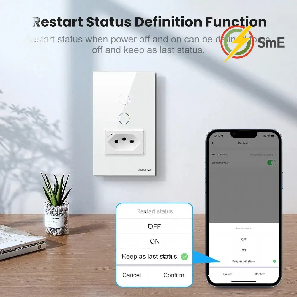 AVATTO Tuya WiFi Smart Light Switch with Socket,Brazil Stand 16A Touch Button Wall Switch,Work for Alexa Google Home