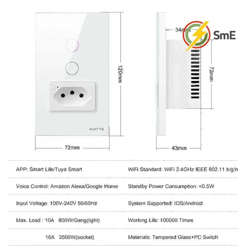 AVATTO Tuya WiFi Smart Light Switch with Socket,Brazil Stand 16A Touch Button Wall Switch,Work for Alexa Google Home