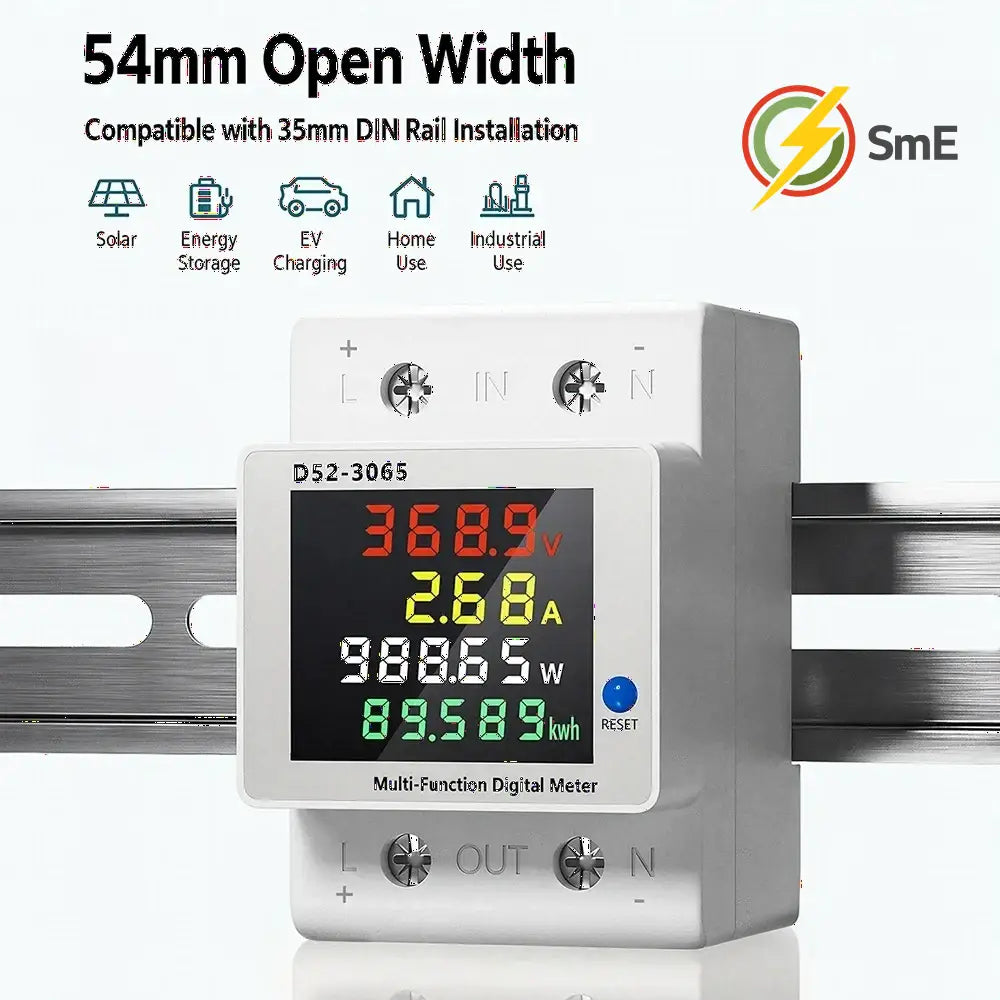 D52-3065 DIN Rail Electric Energy Meter DC14-600V 63A Voltage Current Power Monitor with LCD Display for Electrical