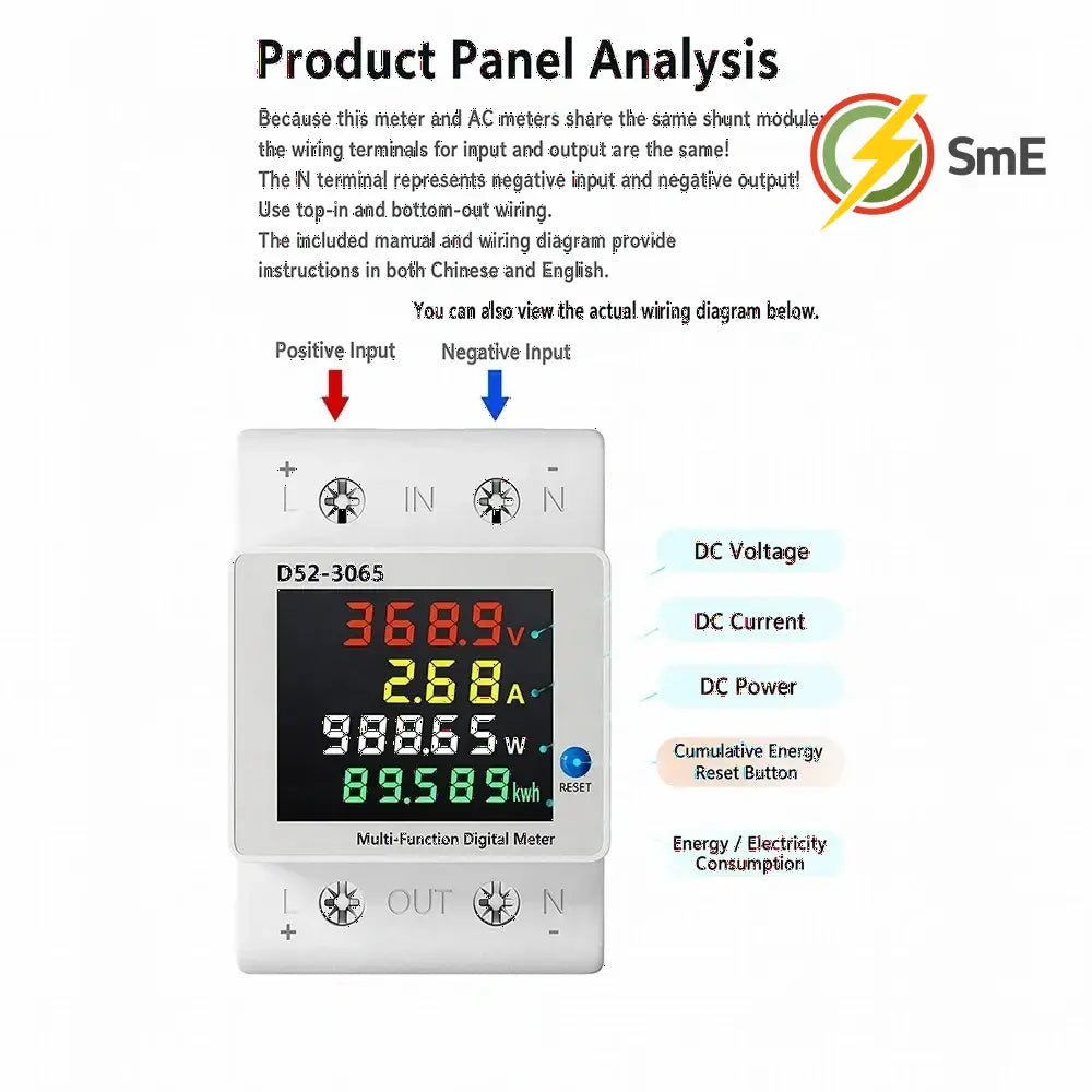 D52-3065 DIN Rail Electric Energy Meter DC14-600V 63A Voltage Current Power Monitor with LCD Display for Electrical