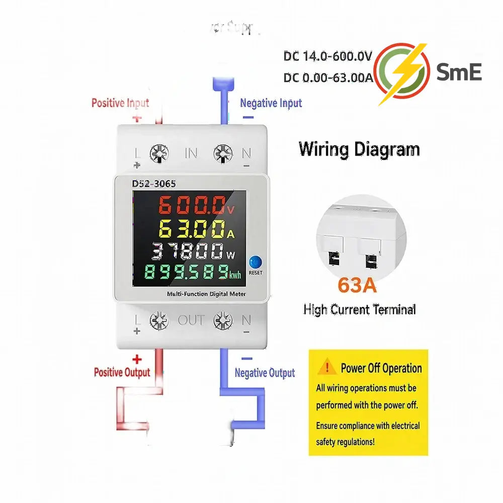 D52-3065 DIN Rail Electric Energy Meter DC14-600V 63A Voltage Current Power Monitor with LCD Display for Electrical