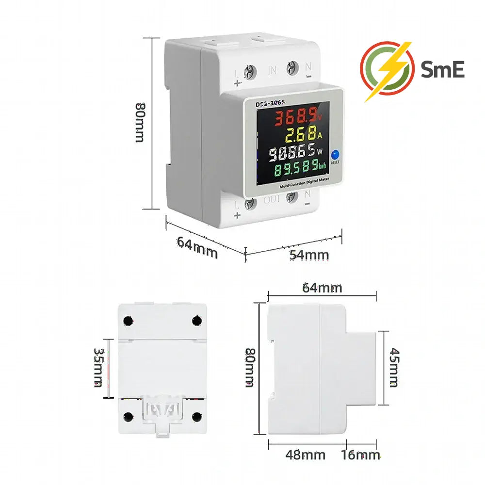 D52-3065 DIN Rail Electric Energy Meter DC14-600V 63A Voltage Current Power Monitor with LCD Display for Electrical