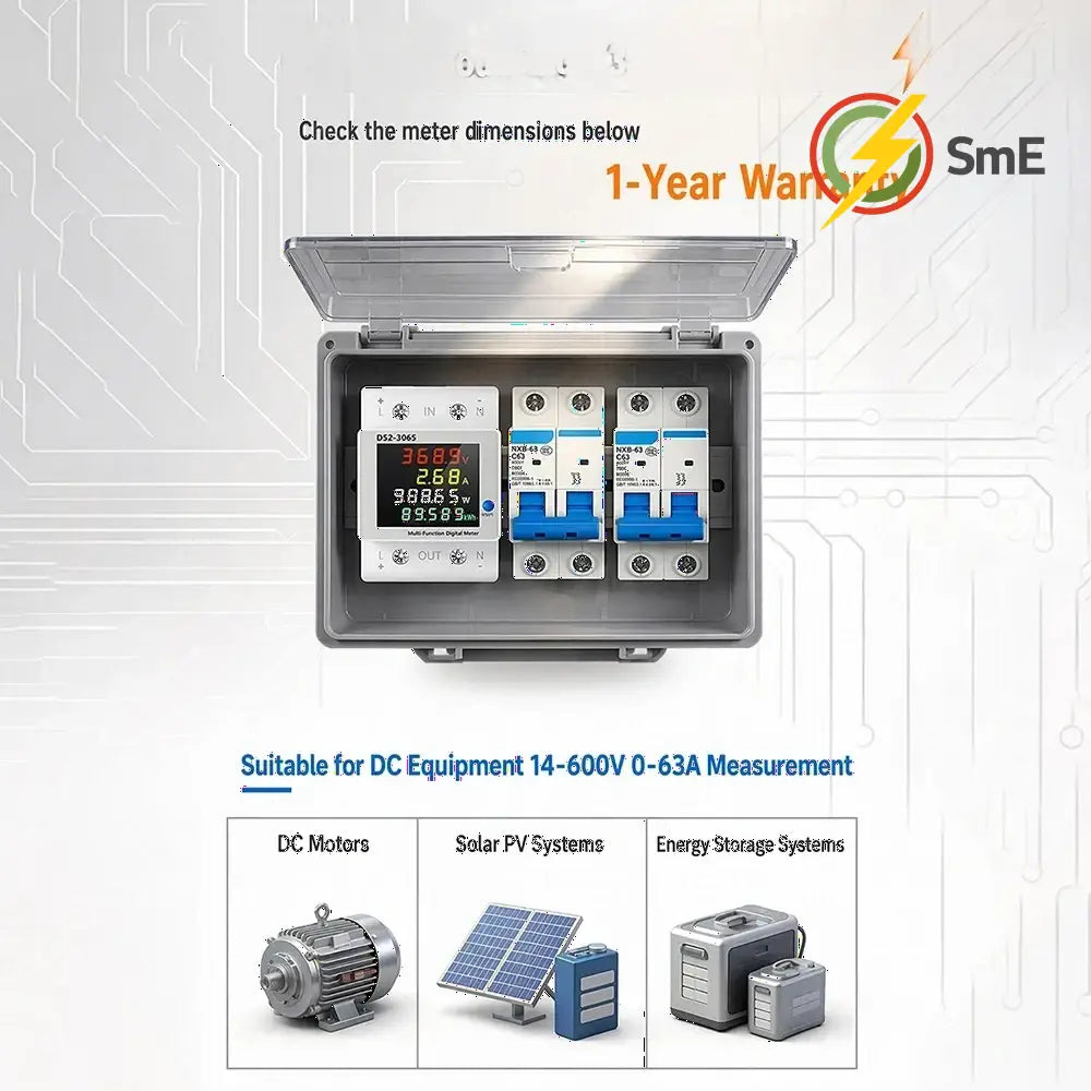 D52-3065 DIN Rail Electric Energy Meter DC14-600V 63A Voltage Current Power Monitor with LCD Display for Electrical