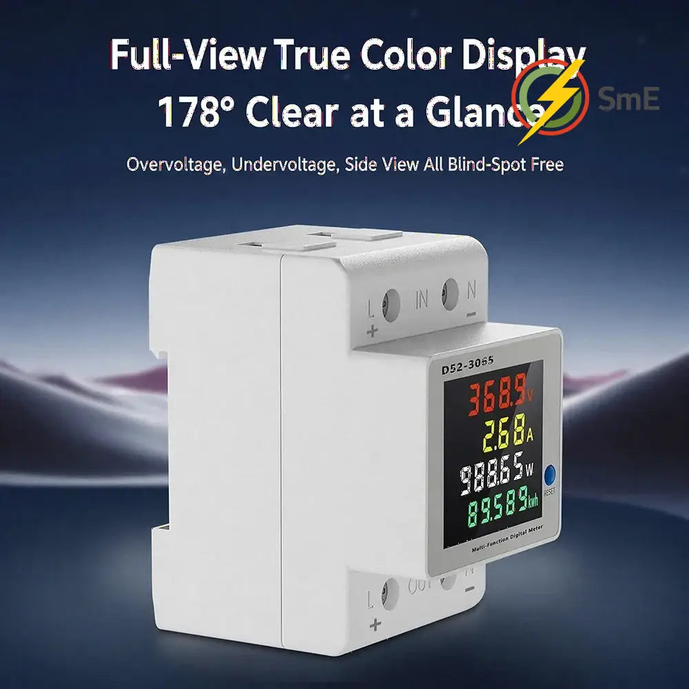 D52-3065 DIN Rail Electric Energy Meter DC14-600V 63A Voltage Current Power Monitor with LCD Display for Electrical