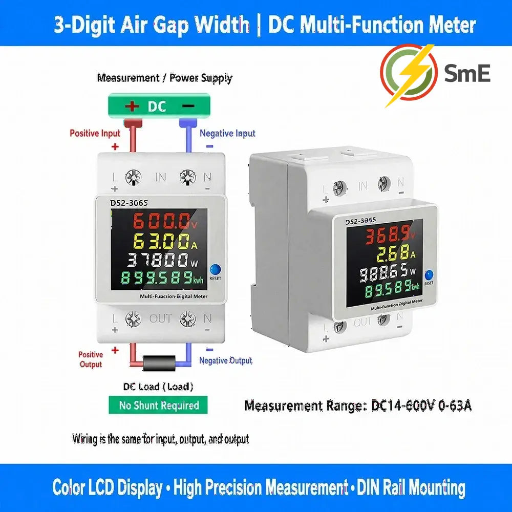 D52-3065 DIN Rail Electric Energy Meter DC14-600V 63A Voltage Current Power Monitor with LCD Display for Electrical