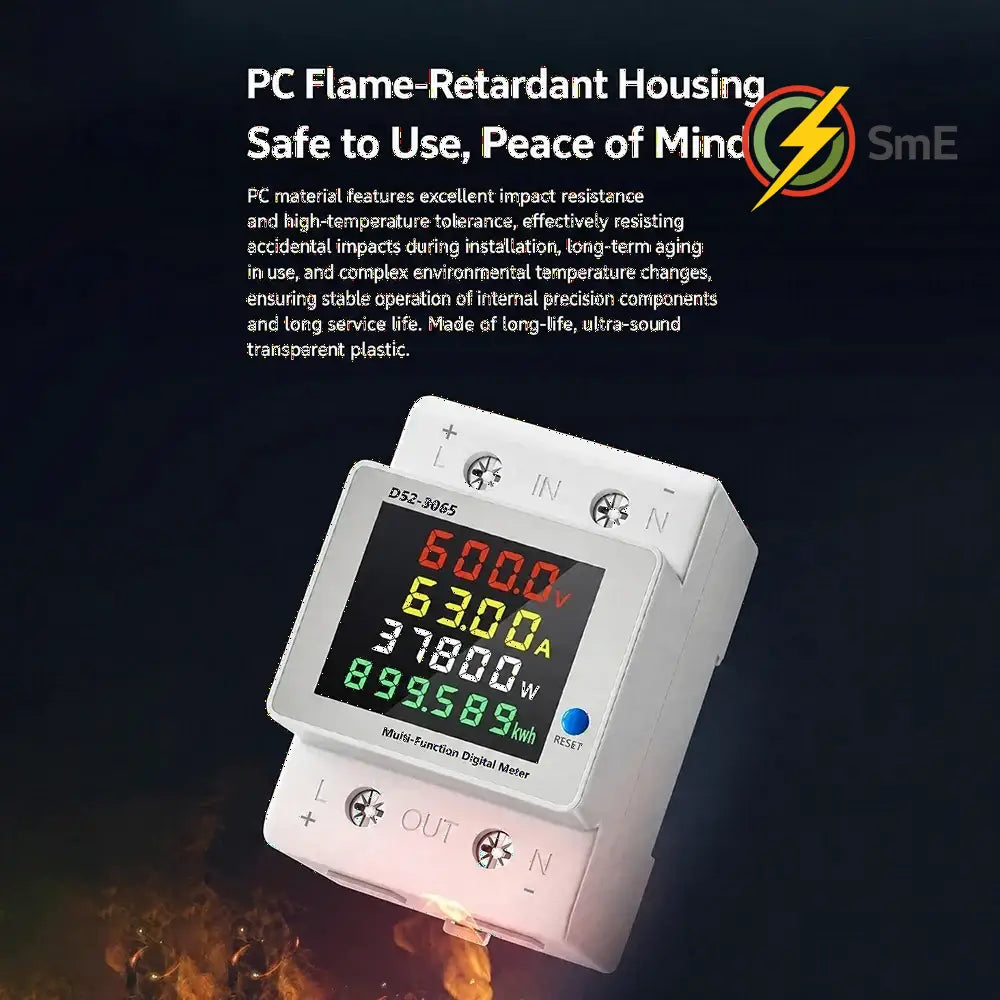 D52-3065 DIN Rail Electric Energy Meter DC14-600V 63A Voltage Current Power Monitor with LCD Display for Electrical