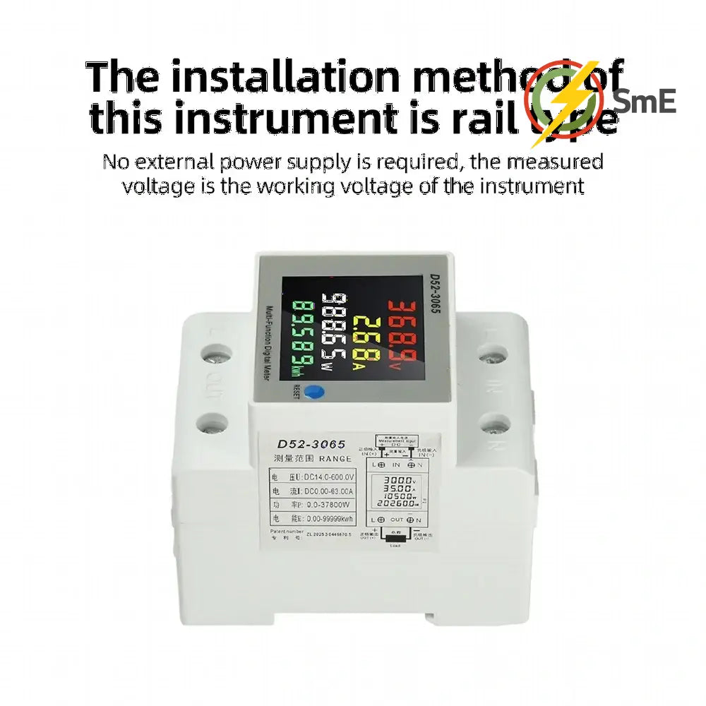 D52-3065 DIN Rail Electric Energy Meter DC14-600V 63A Voltage Current Power Monitor with LCD Display for Electrical