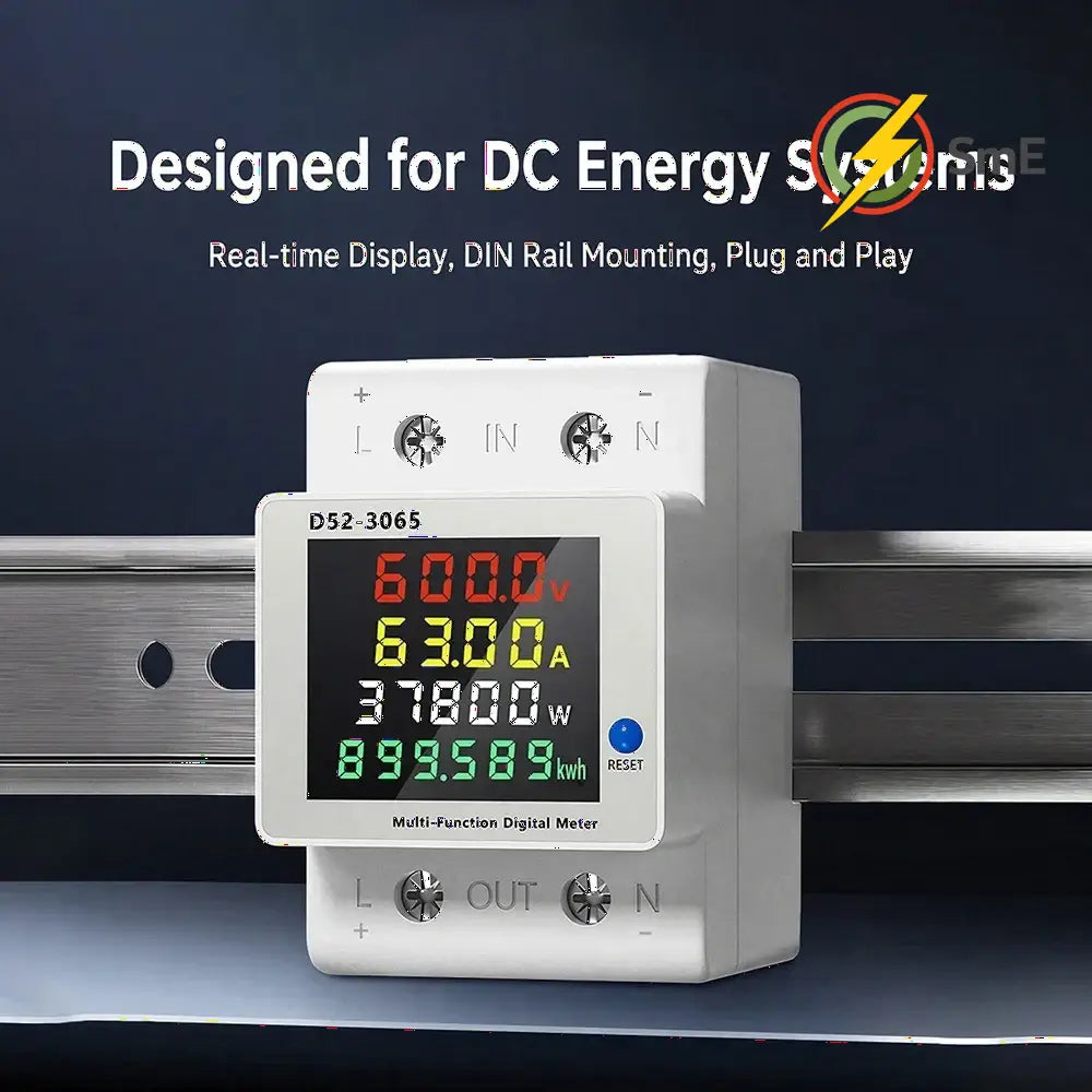 D52-3065 DIN Rail Electric Energy Meter DC14-600V 63A Voltage Current Power Monitor with LCD Display for Electrical