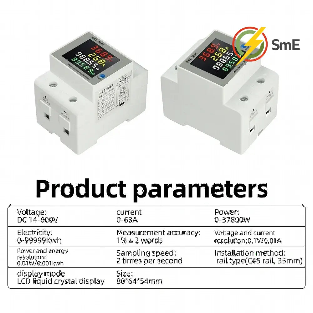 D52-3065 DIN Rail Electric Energy Meter DC14-600V 63A Voltage Current Power Monitor with LCD Display for Electrical