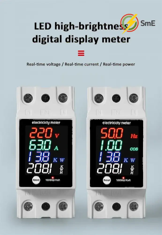 Digital Energy Meter Din Rail Electricity Usage Monitor AC30-400V Voltmeter Ammeter Watt Kwh Frequency Power Meter