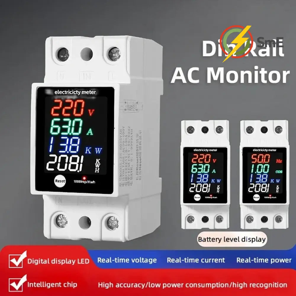 Digital Energy Meter Din Rail Electricity Usage Monitor AC30-400V Voltmeter Ammeter Watt Kwh Frequency Power Meter