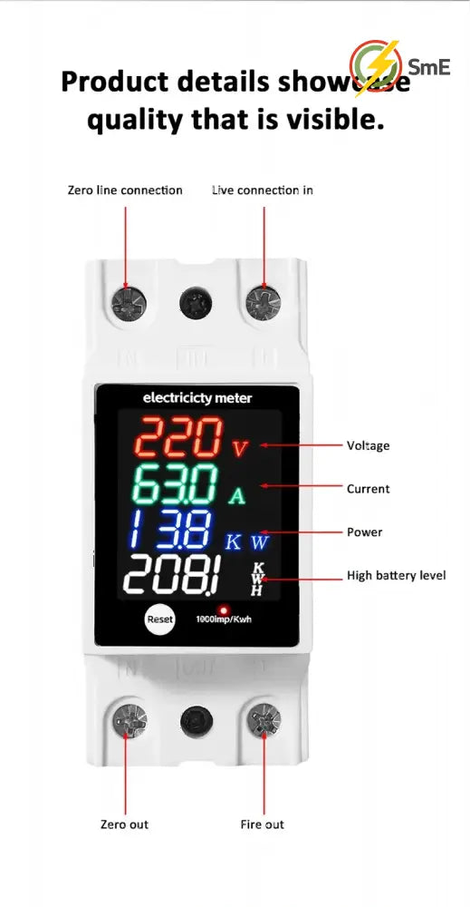 Digital Energy Meter Din Rail Electricity Usage Monitor AC30-400V Voltmeter Ammeter Watt Kwh Frequency Power Meter
