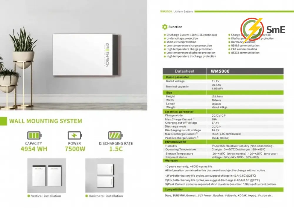 Greenrich (7500W/4960Wh) 4.95kWh WM5000 Lithium Battery Wall Mount
