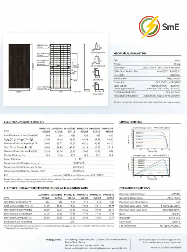 JA 620W Tier 1 Bifacial Mono Solar Panel (JAM66D45-620/LB) 6X PACK